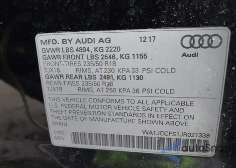 2018 Audi Q3 2.0T Premium/2.0T Sport Premium from USA, damaged, VIN WA1JCCFS1JR021338